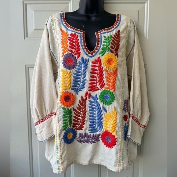 Sister Mary Gloria Tunic Top Rainbow Floral Embroidery Linen Size Medium - Picture 14 of 14